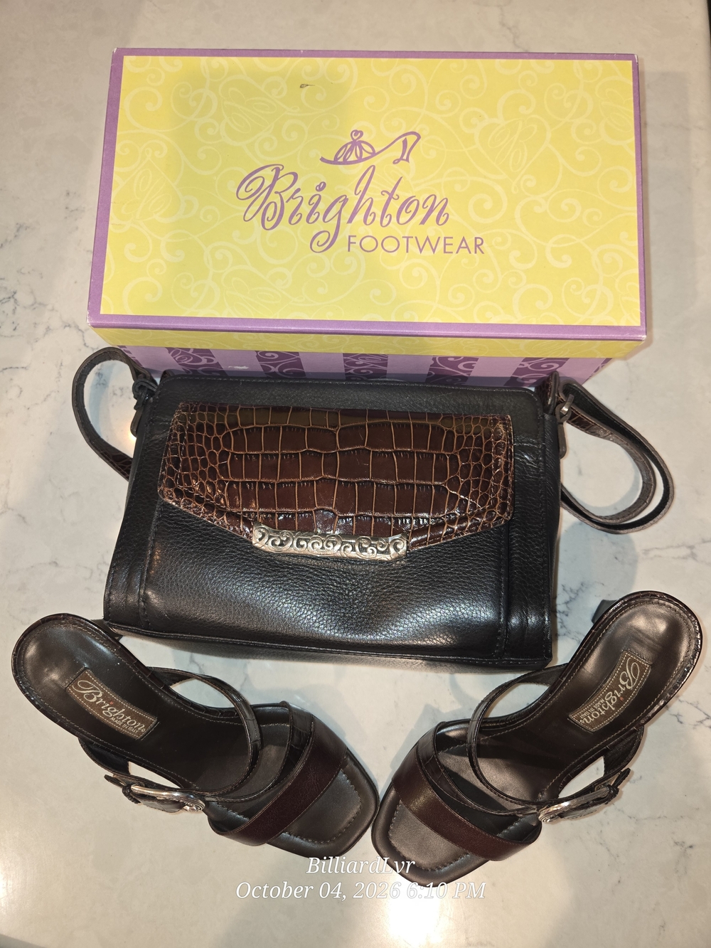 Brighton Black Leather Crossbody with Brown Croc Accent